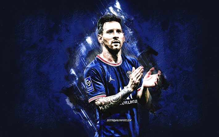 Lionel Messi, Paris Saint-Germain, art Messi, footballeur argentin, portrait, PSG, fond de pierre bleu fonc&#233;, art Leo Messi