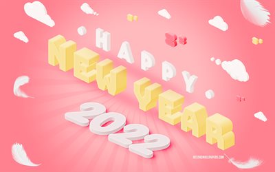 Nouvel An 2022, fond rose, art 3D 2022, lettres 3D, fond 3D 2022, bonne année 2022, concepts 2022, fond rose 2022