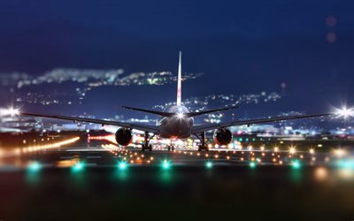 decollo aereo notturno, pista, aeroporto, aereo passeggeri, concetti di viaggio aereo, trasporto passeggeri