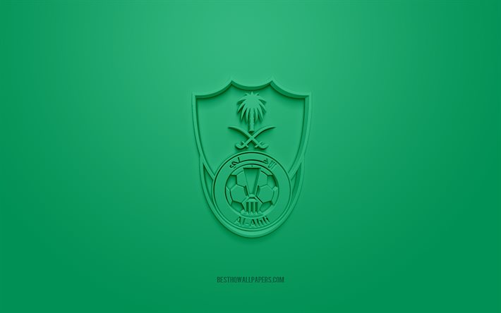 Al Ahli Saudi FC, luova 3D -logo, vihre&#228; tausta, SPL, Saudi -Arabian jalkapalloseura, Saudi Professional League, Jedda, Saudi -Arabia, 3d -taide, jalkapallo, Al Ahli Saudi FC 3D -logo