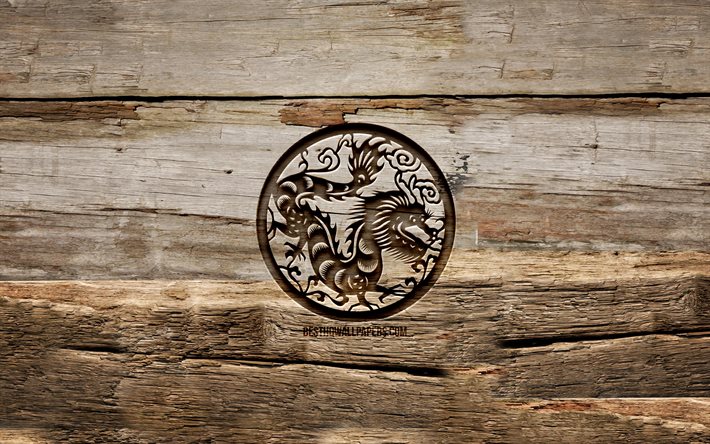 Dragon zodiac sign, 4k, chinese zodiac, carving signs, Chinese calendar, Dragon zodiac, wooden backgrounds, Chinese Zodiac Signs, creative, Dragon