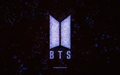 BTS glitter logo, 4k, black background, BTS logo, dark blue glitter art, BTS, creative art, BTS dark blue glitter logo