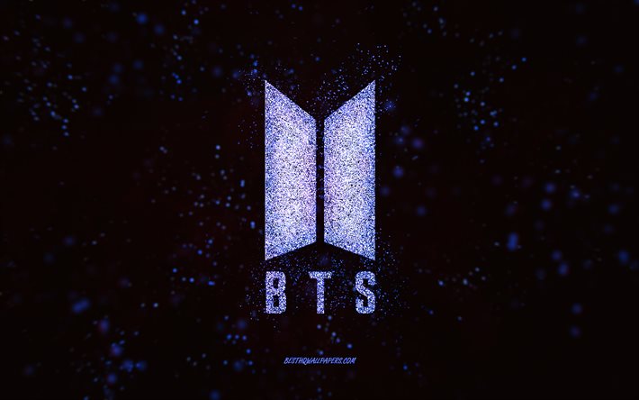 شعار BTS اللامع, 4 ك, خلفية سوداء 2x, شعار BTS, الفن بريق أزرق غامق, BTS, فني إبداعي, شعار BTS بريق أزرق غامق
