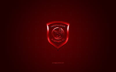 Al-Duhail SC, clube de futebol do Qatar, QSL, logotipo vermelho, fundo vermelho de fibra de carbono, Qatar Stars League, futebol, Duhail, Qatar, logotipo do Al-Duhail SC