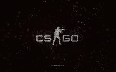 CS GO parıltılı logosu, siyah arka plan, CS GO logosu, Counter-Strike, beyaz parıltılı sanat, CS GO, yaratıcı sanat, CS GO beyaz parıltılı logosu, Counter-Strike Global Offensive