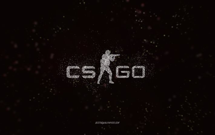 CS GO glitter logo, black background, CS GO logo, Counter-Strike, white glitter art, CS GO, creative art, CS GO white glitter logo, Counter-Strike Global Offensive