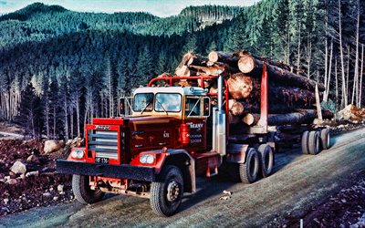 Pacific P9, forest, timber carrier, 1974 trucks, HDR, retro cars, LKW, cargo transport, 1974 Pacific P9