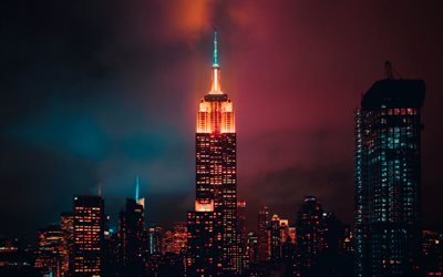 Empire State Building, Nova York, noite, arranha-c&#233;u, Manhattan, paisagem urbana de Nova York, panorama de Nova York, EUA