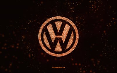 Logo de paillettes Volkswagen, 4k, fond noir, logo Volkswagen, art de paillettes orange, Volkswagen, art créatif, logo de paillettes orange Volkswagen