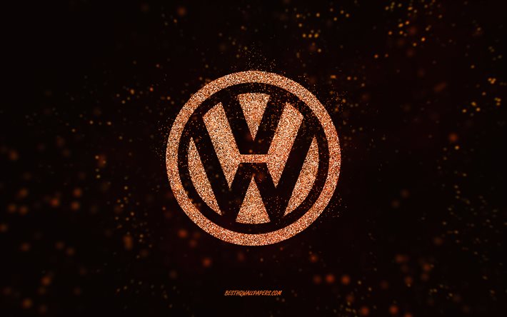 Volkswagen -glitter -logo, 4k, musta tausta, Volkswagen -logo, oranssi glitter -taide, Volkswagen, luova taide, Volkswagen -oranssi glitter -logo