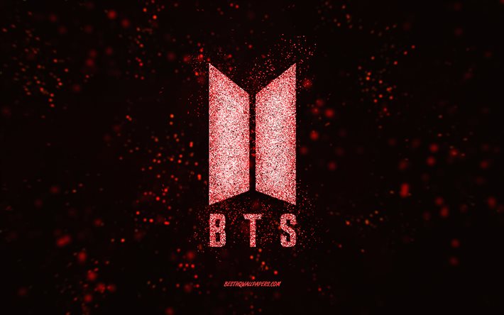 BTS glitter logo, 4k, black background, BTS logo, red glitter art, BTS, creative art, BTS red glitter logo, Bangtan Boys