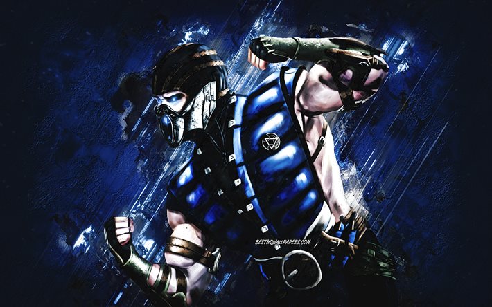 Sub-Zero, Mortal Kombat, sfondo pietra blu, Mortal Kombat 11, arte grunge Sub-Zero, personaggi Mortal Kombat, Mortal Kombat X, personaggio Sub-Zero, Sub-Zero MKX