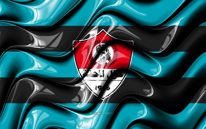 Bandeira Ghazl El Mahalla, 4k, ondas 3D azuis e pretas, EPL, clube de futebol egípcio, futebol, logotipo Ghazl El Mahalla, Premier League egípcia, Ghazl El Mahalla FC