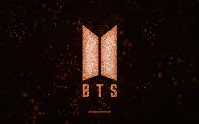 BTS glitter logo, 4k, black background, BTS logo, orange glitter art, BTS, creative art, BTS orange glitter logo