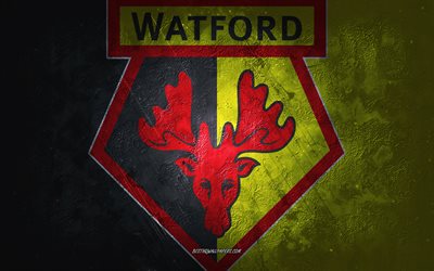 Watford FC, engelsk fotbollsklubb, gul svart stenbakgrund, Watford FC -logotyp, grungekonst, Premier League, fotboll, England, Watford FC -emblem