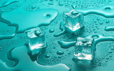 ice cubes, 4K, water drops, blue ice, spilled water, ice backgrounds, water, ice
