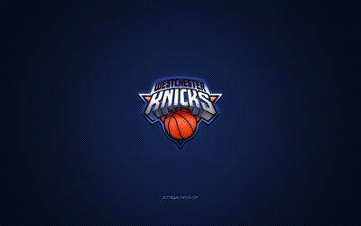 Westchester Knicks, club di basket americano, logo argento, sfondo blu in fibra di carbonio, NBA G League, basket, New York, USA, logo Westchester Knicks