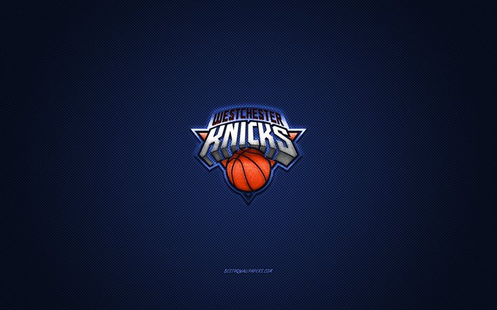 Westchester Knicks, amerikkalainen koripalloseura, hopea -logo, sininen hiilikuitutausta, NBA G -liiga, koripallo, New York, USA, Westchester Knicks -logo