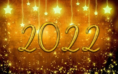 4k, 2022 golden 3D digits, stars, Happy New Year 2022, christmas decorations, starry backgrounds, golden xmas balls, 2022 concepts, 2022 new year, 2022 on yellow background, 2022 year digits