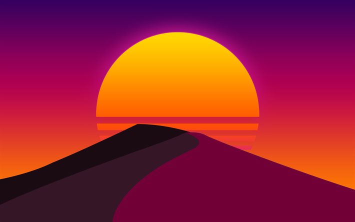 4k, 抽象的な夕日, 山地, 抽象的な風景, creative クリエイティブ, 紫の背景, sunset, 抽象的な山