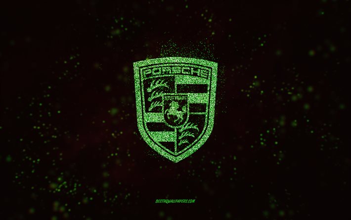 Porsche glitter logo, 4k, black background, Porsche logo, green glitter art, Porsche, creative art, Porsche green glitter logo