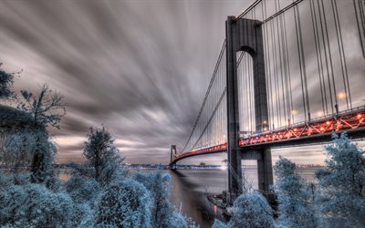 Verrazzano-Narrows Bridge, 4k, winter, NYC, HDR, nightscapes, USA, cityscapes, New York, american cities, New York City, Battery Weed