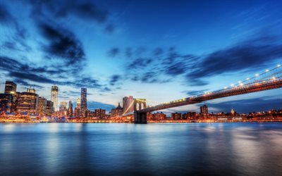 Nueva York, Puente de Brooklyn, el East River, por la Noche, estados UNIDOS, rascacielos