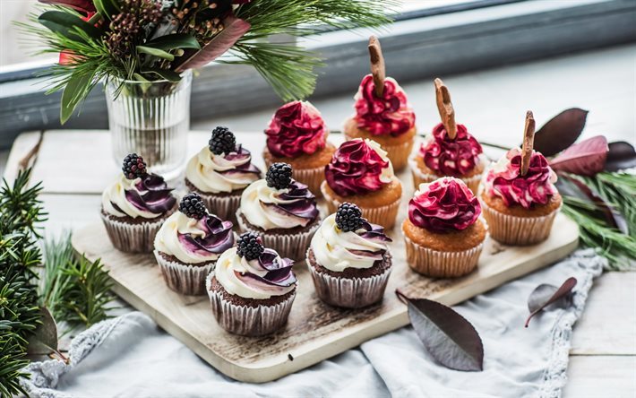 muffins, blackberries, cupcakes, cream, berries, baking, sweet, dessert