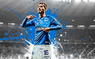 Lucas Silva, 4k, Brazilian football player, Cruzeiro FC, midfielder, blue white paint splashes, creative art, Serie A, Brazil, football, grunge