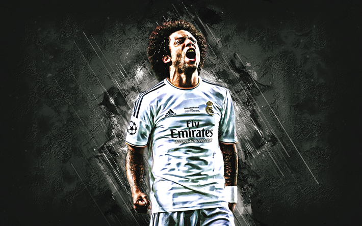 Marcelo, Real Madrid, defender, joy, white stone, portrait, famous footballers, football, Brazilian footballers, grunge, La Liga, Spain, Marcelo Vieira