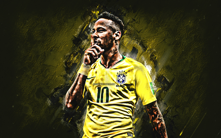 Neymar, pedra amarela, estrelas do futebol, A Sele&#231;&#227;o Do Brasil, fundo amarelo, Neymar JR, futebol, grunge, Time de futebol brasileiro