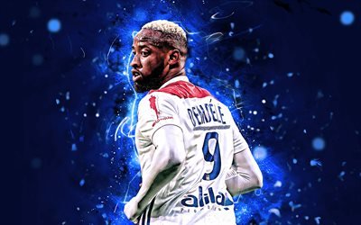 Moussa Dembele, vista posterior, O Olympique de Lyon FC, Franc&#234;s de futebolistas, atacante, Liga 1, Dembele, fundo azul, luzes de neon, futebol