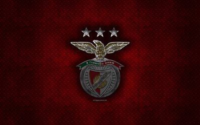 SL Benfica, Portuguese football club, red metal texture, metal logo, emblem, Lisbon, Portugal, Primeira Liga, Liga NOS, creative art, football