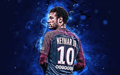 Neymar JR, estrellas del f&#250;tbol, el brasile&#241;o futbolistas, el PSG, vista posterior, la Ligue 1, el Par&#237;s Saint-Germain, luces de ne&#243;n, de Neymar, de f&#250;tbol, Neymar PSG
