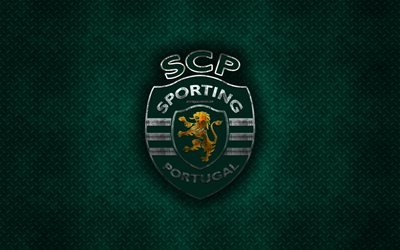 Sporting CP, Portuguese football club, green metal texture, metal logo, emblem, Lisbon, Portugal, Primeira Liga, Liga NOS, creative art, football