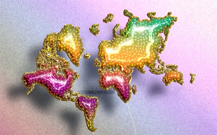 Mapa do mundo de Bal&#245;es Realistas Coloridos, mapas 4k, 3D, Conceito do Mapa Mundial, fundo arco-&#237;ris, bal&#245;es coloridos, criativos, mapa do mundo 3D, Mapa Do Mundo Colorido, Mapa Mundial