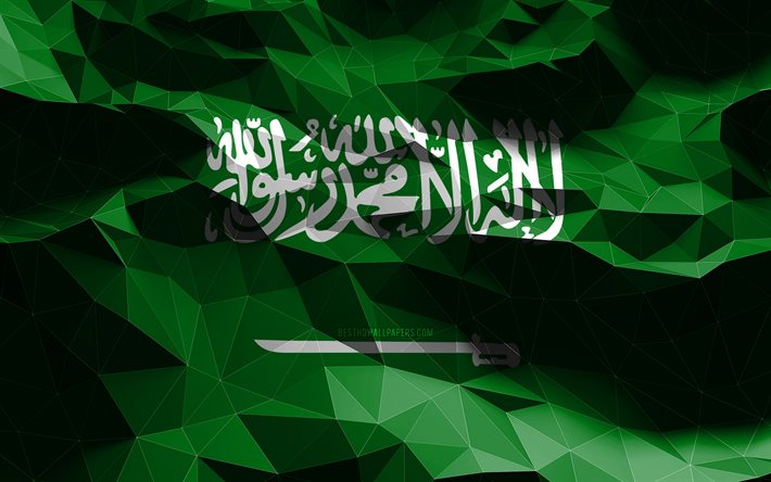 4k, Saudisk flagga, l&#229;g poly konst, asiatiska l&#228;nder, nationella symboler, Saudiarabiens flagga, 3D-flaggor, Saudiarabien sjunker, Saudiarabien, Asien, Saudiarabien 3D-flagga
