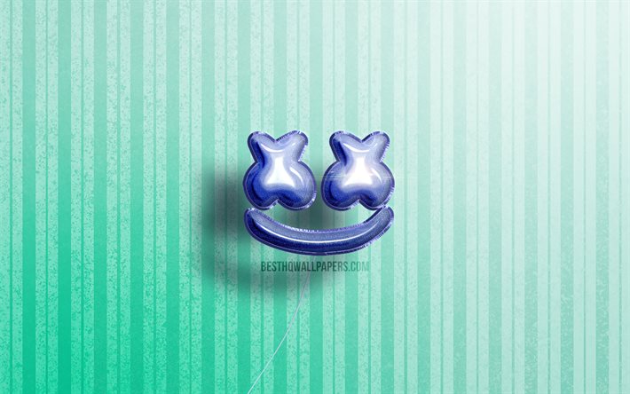 4k, Marshmello 3D logo, mavi ger&#231;ek&#231;i balonlar, Christopher Comstock, ameican DJ&#39;ler, Marshmello logosu, DJ Marshmello, mavi ahşap arka planlar, Marshmello