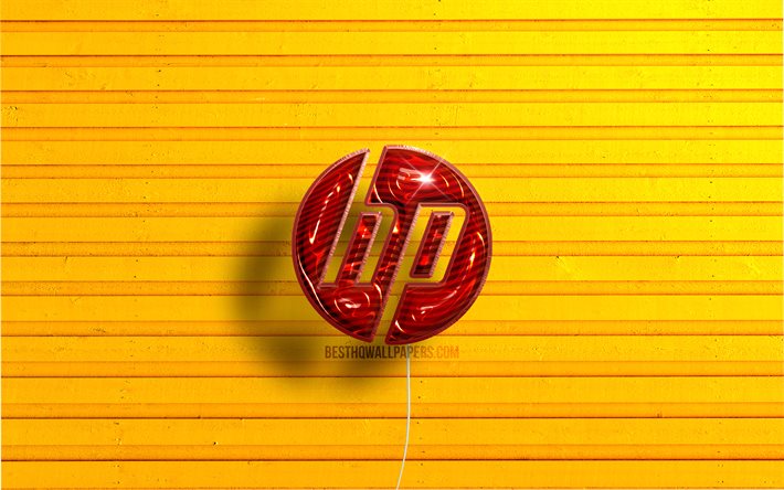 hp logo, 4k, rote realistische ballons, hewlett-packard logo, hp 3d logo, hewlett-packard, gelbe holzhintergr&#252;nde, hp
