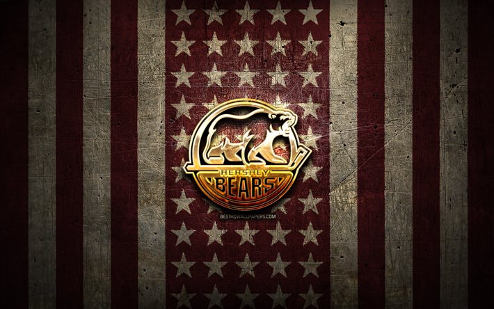 Hershey Bears flag, AHL, maroon brown metal background, american hockey team, Hershey Bears logo, USA, hockey, golden logo, Hershey Bears