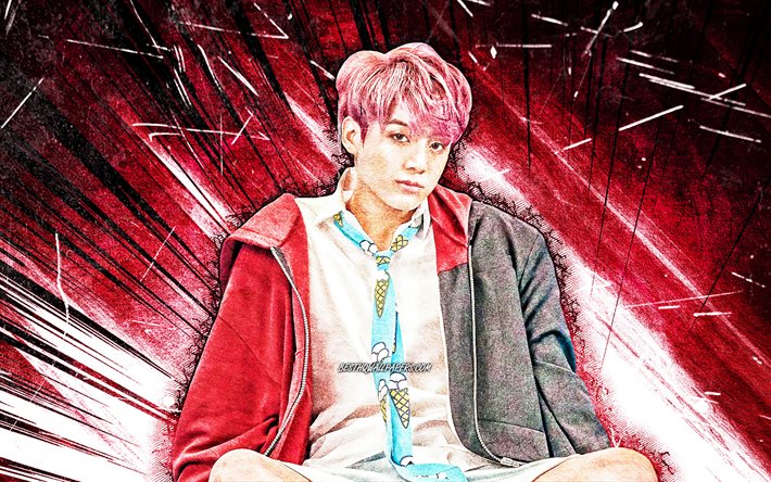 4k, Jungkook, BTS, purple abstract rays, korean band, grunge art, Jeon Jung-kook, Kpop, creative, korean celebrity, Bangtan Boys, K-pop, Jungkook BTS, Jungkook 4K