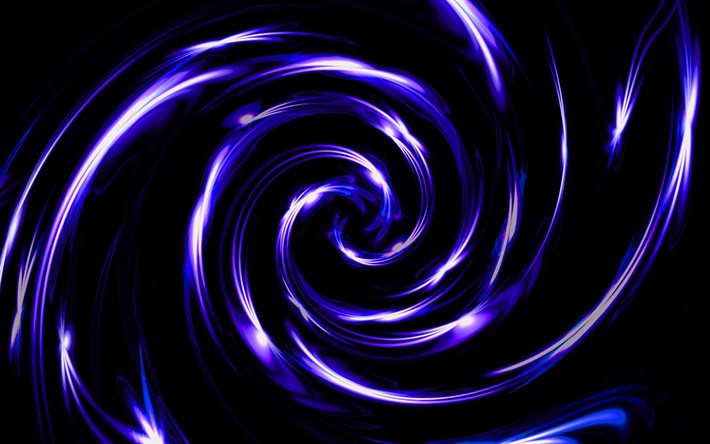 4k, 紫スパイラルの背景, 3Dアート, 暗闇, 紫渦, スパイラルの質感, 創造, 紫波背景, 波織, 紫背景