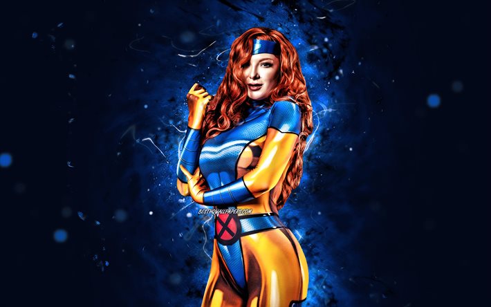 Jean Grey, 4k, luzes azuis de neon, Cyberpunk 2077, RPG, fan art, Personagens cyberpunk 2077, Jean Grey Cyberpunk, Jean Elaine Grey
