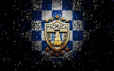 Pachuca FC, glitter logo, Liga MX, blue white checkered background, soccer, mexican football club, Pachuca logo, mosaic art, football, CF Pachuca
