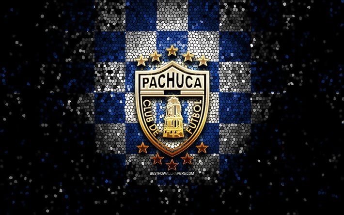 Pachuca FC, logo paillet&#233;, Liga MX, fond &#224; carreaux blanc bleu, football, club de football mexicain, logo Pachuca, art mosa&#239;que, CF Pachuca