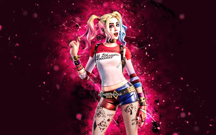 Harley Quinn, 4k, luzes de n&#233;on roxas, Fortnite Battle Royale, personagens Fortnite, Harley Quinn Skin, Fortnite, Harley Quinn Fortnite