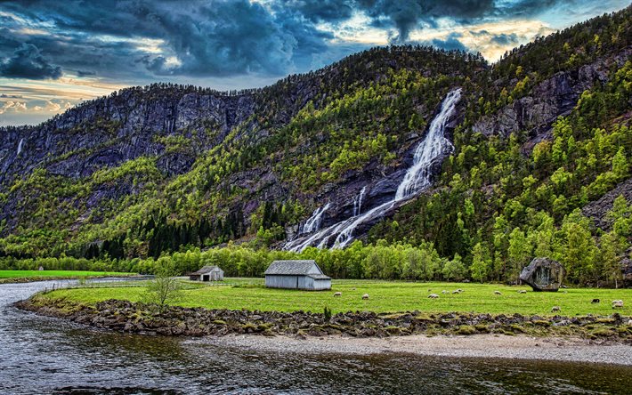 Vidfoss Falls, 4k, sommar, vattenfall, Hildal, vacker natur, Norge, Europa, berg, HDR