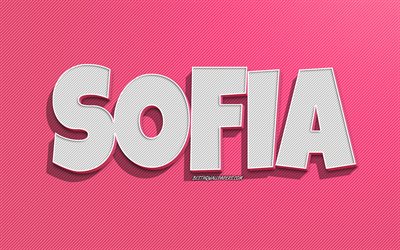 sofia, rosa linienhintergrund, tapeten mit namen, sofia-name, weibliche namen, sofia-gru&#223;karte, strichzeichnungen, bild mit sofia-namen