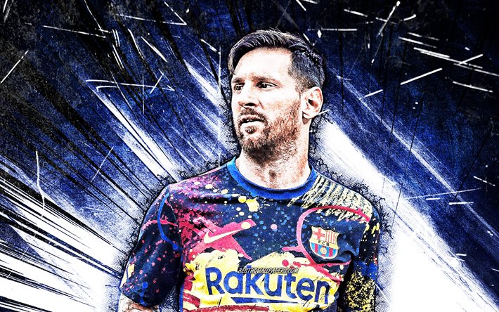 Lionel Messi, close-up, 4k, Barcelona FC, grunge art, La Liga, new uniform, argentinian footballers, blue abstract rays, FCB, football stars, Messi, Leo Messi, Barca, soccer, LaLiga