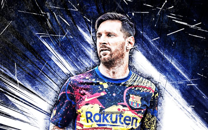 lionel messi, nahaufnahme, 4 km, fc barcelona, grunge art, la liga, neue uniform, argentinische fu&#223;baller, blaue abstrakte strahlen, fcb, fu&#223;ballstars, messi, leo messi, barca, fu&#223;ball, laliga